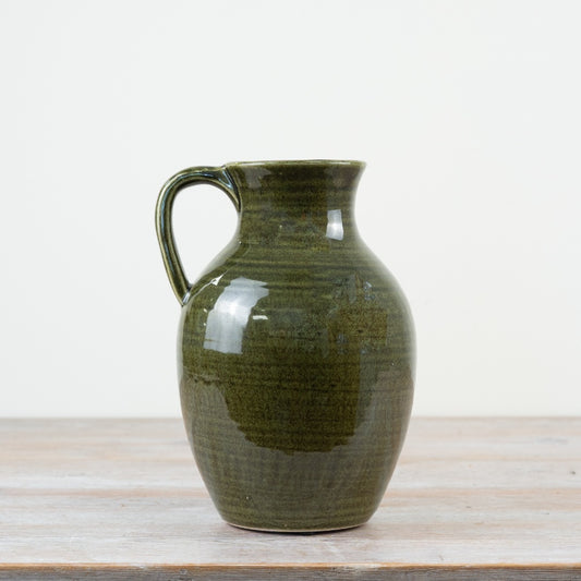 Green Ceramic Pitcher Vase 19.5cm – Rustic Farmhouse Jug, Dark Green Glaze Decorative Vase, Vintage Style Home Décor