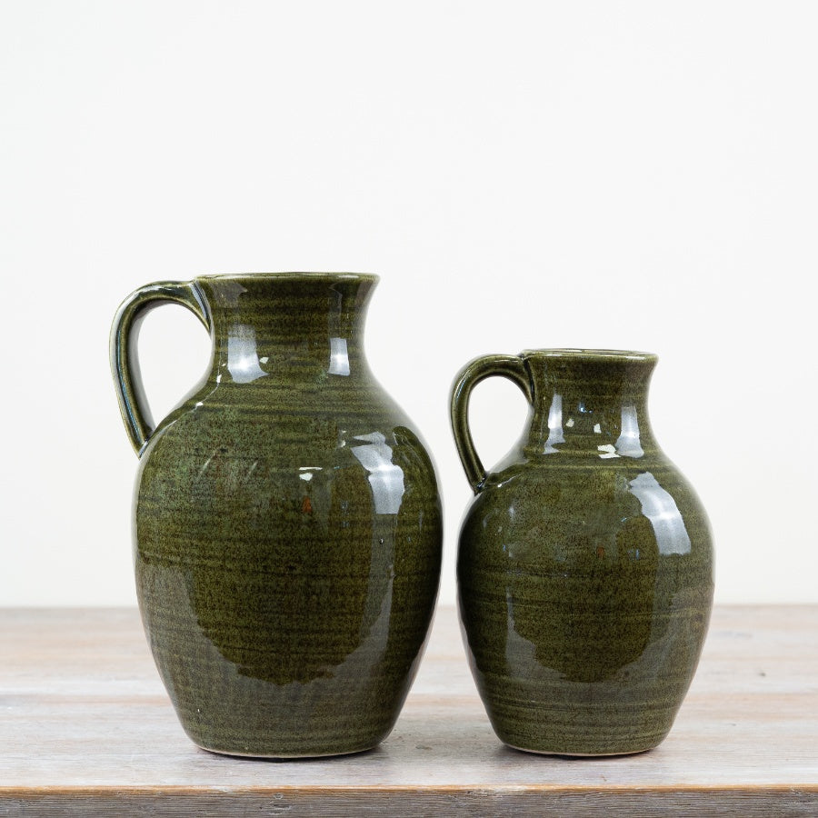 Green Ceramic Pitcher Vase 19.5cm – Rustic Farmhouse Jug, Dark Green Glaze Decorative Vase, Vintage Style Home Décor