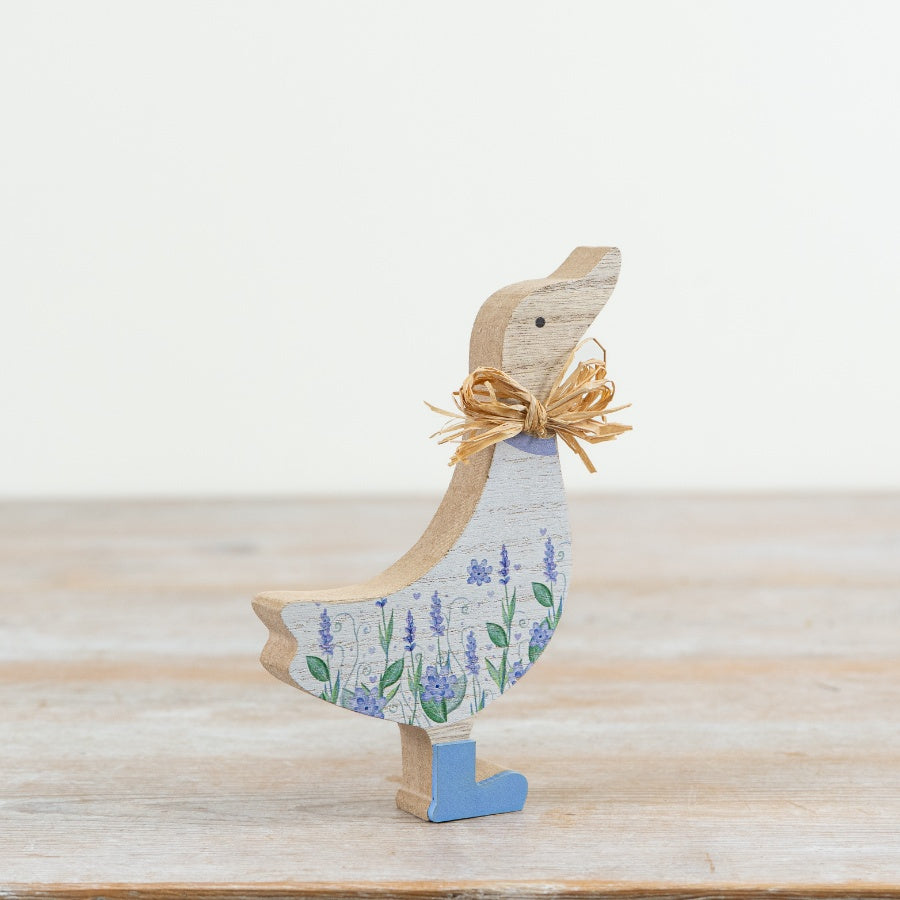 Wooden Duck with Flower Decor – 15cm Purple Spring Ornament, Floral Easter Decoration