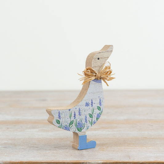 Wooden Duck with Flower Decor – 15cm Purple Spring Ornament, Floral Easter Decoration