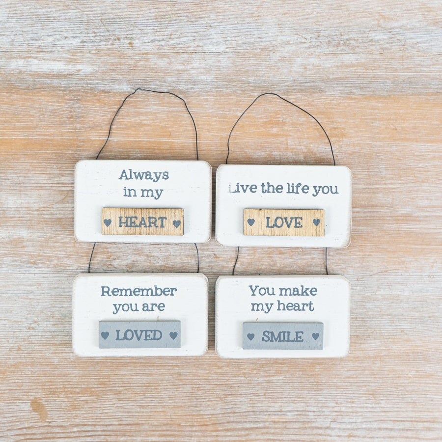 Mini Wooden Sign Mix – Set of 4 Assorted 7cm Natural & Grey Hanging Signs with Wire Hanger
