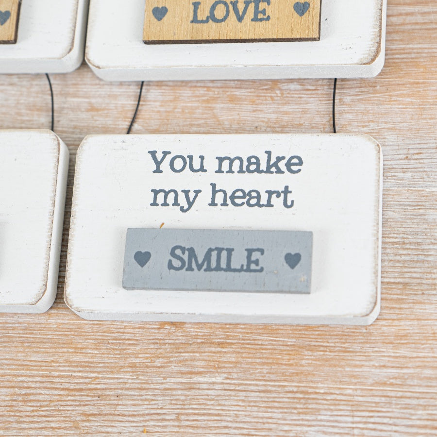 Mini Wooden Sign Mix – Set of 4 Assorted 7cm Natural & Grey Hanging Signs with Wire Hanger