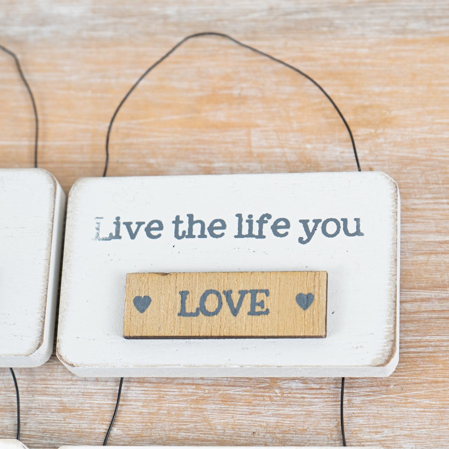 Mini Wooden Sign Mix – Set of 4 Assorted 7cm Natural & Grey Hanging Signs with Wire Hanger