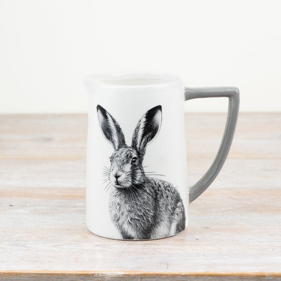 Glazed Hare Jug – 15cm White Ceramic Decorative Jug, Grey Handle, Countryside Kitchen Accent