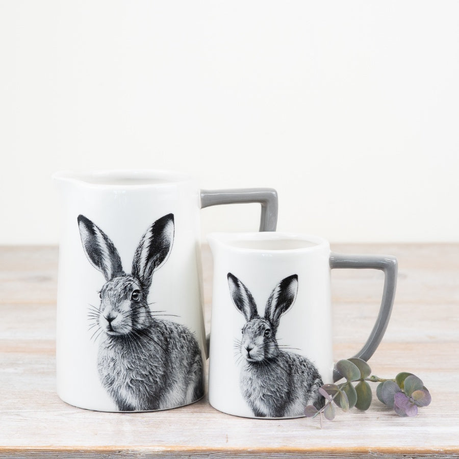Glazed Hare Jug – 15cm White Ceramic Decorative Jug, Grey Handle, Countryside Kitchen Accent