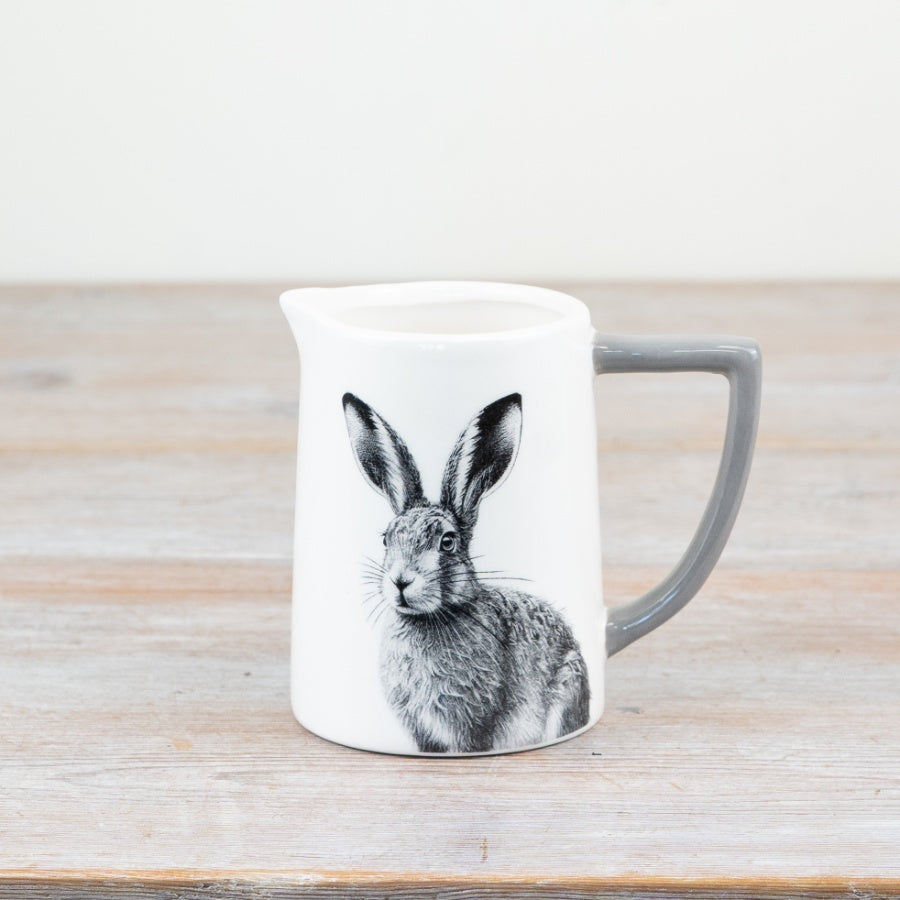 Glazed Hare Jug – 11cm White Ceramic Decorative Jug, Grey Handle, Countryside Kitchen Accent