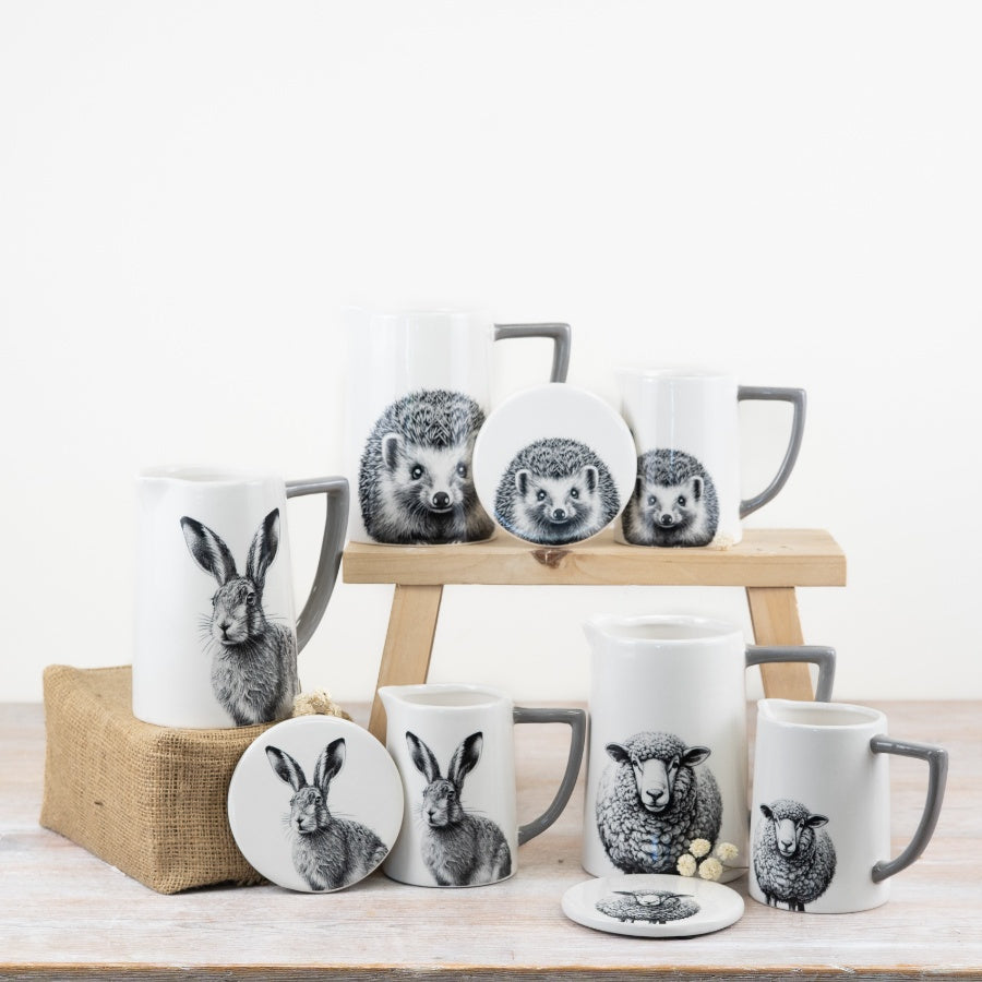 Glazed Hare Jug – 11cm White Ceramic Decorative Jug, Grey Handle, Countryside Kitchen Accent
