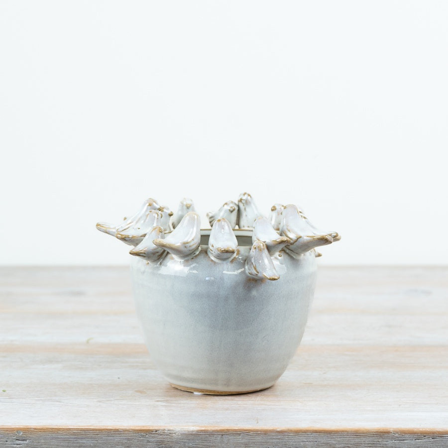 Family of Birds Vase 16.5cm – Ceramic Planter with Bird Rim Detail, Rustic Floral Pot for Home Decor & Shelf Styling