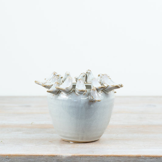 Family of Birds Vase 16.5cm – Ceramic Planter with Bird Rim Detail, Rustic Floral Pot for Home Decor & Shelf Styling