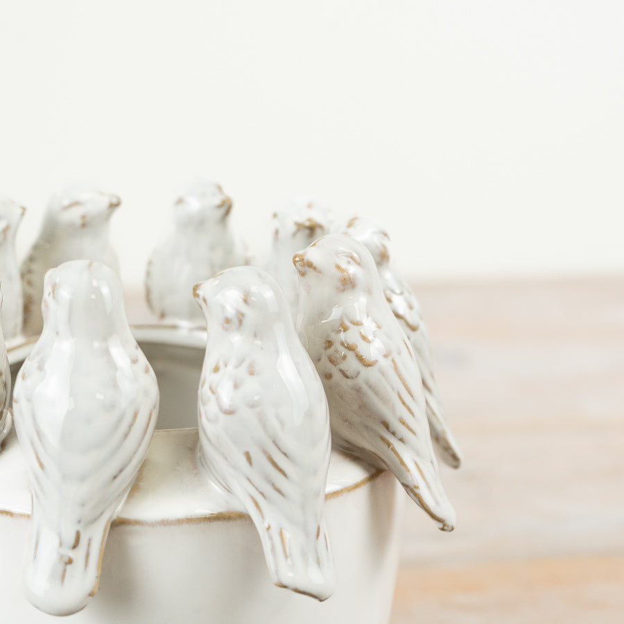 Bird Rim Planter 18.5cm – Ceramic Plant Pot with Decorative Bird Motif, Rustic Farmhouse Home Decor Accent