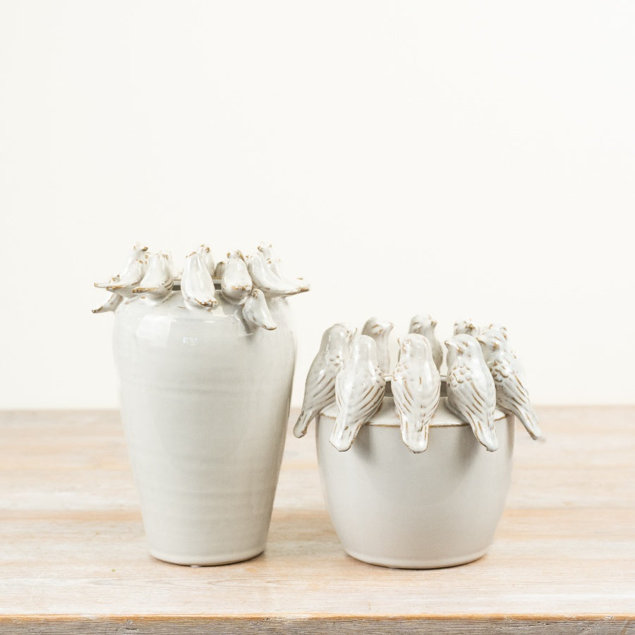 Bird Rim Planter 18.5cm – Ceramic Plant Pot with Decorative Bird Motif, Rustic Farmhouse Home Decor Accent