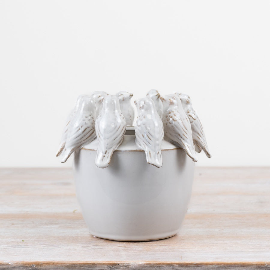 Bird Rim Planter 18.5cm – Ceramic Plant Pot with Decorative Bird Motif, Rustic Farmhouse Home Decor Accent