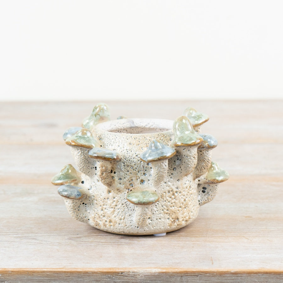 Mushroom Vase 14cm – 3D Forest Design Vase, Decorative Floral Display Piece with Purple & Green Detail