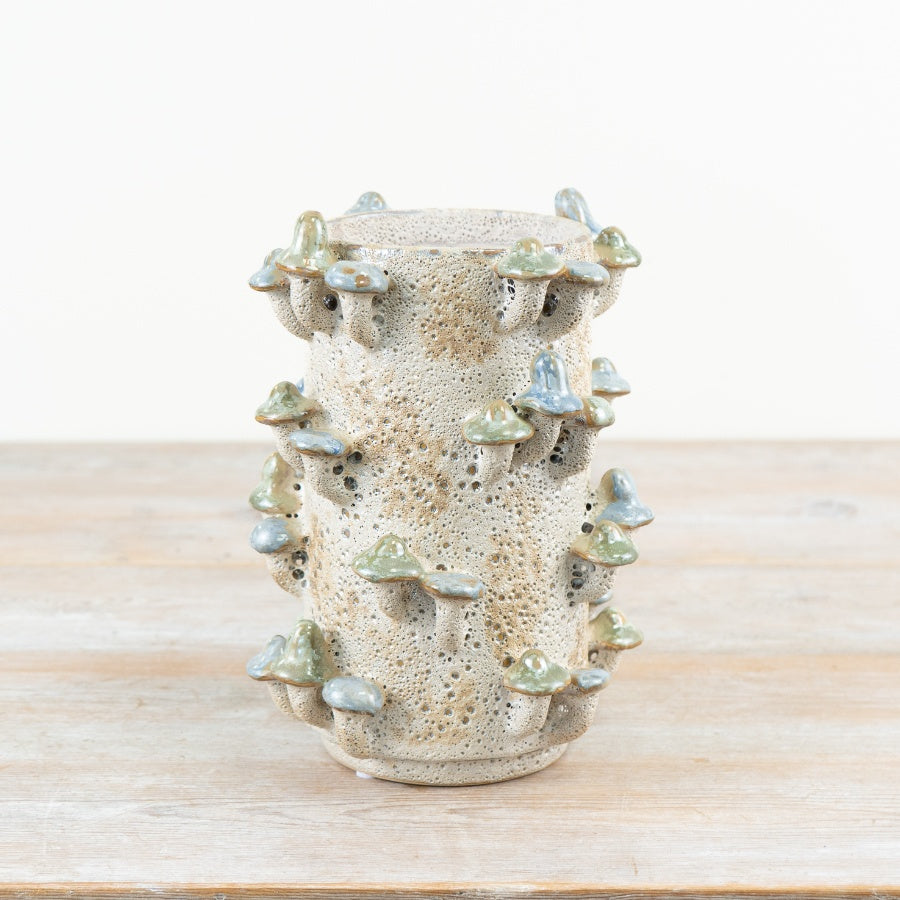 3D Mushroom Vase 22.5cm – Purple & Green Woodland Ceramic Statement Flower Vase, Cottagecore Rustic Home Decor