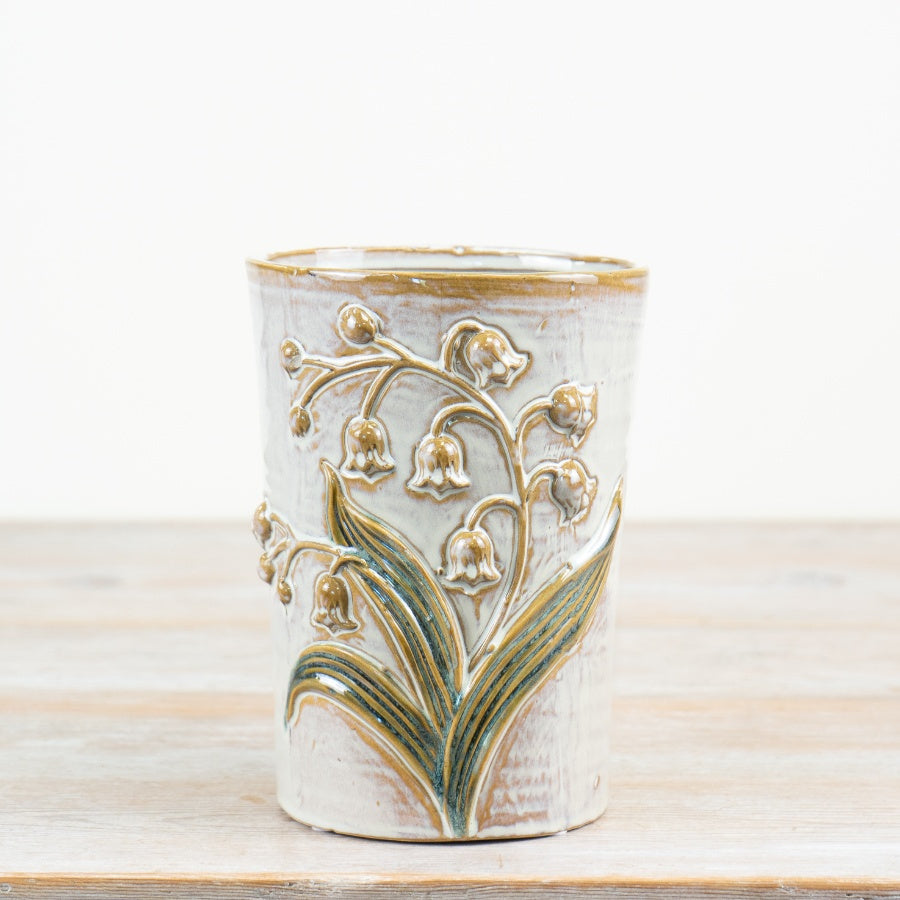 Leaf & Flower Vase 18cm – Embossed Ceramic Floral Farmhouse Home Décor