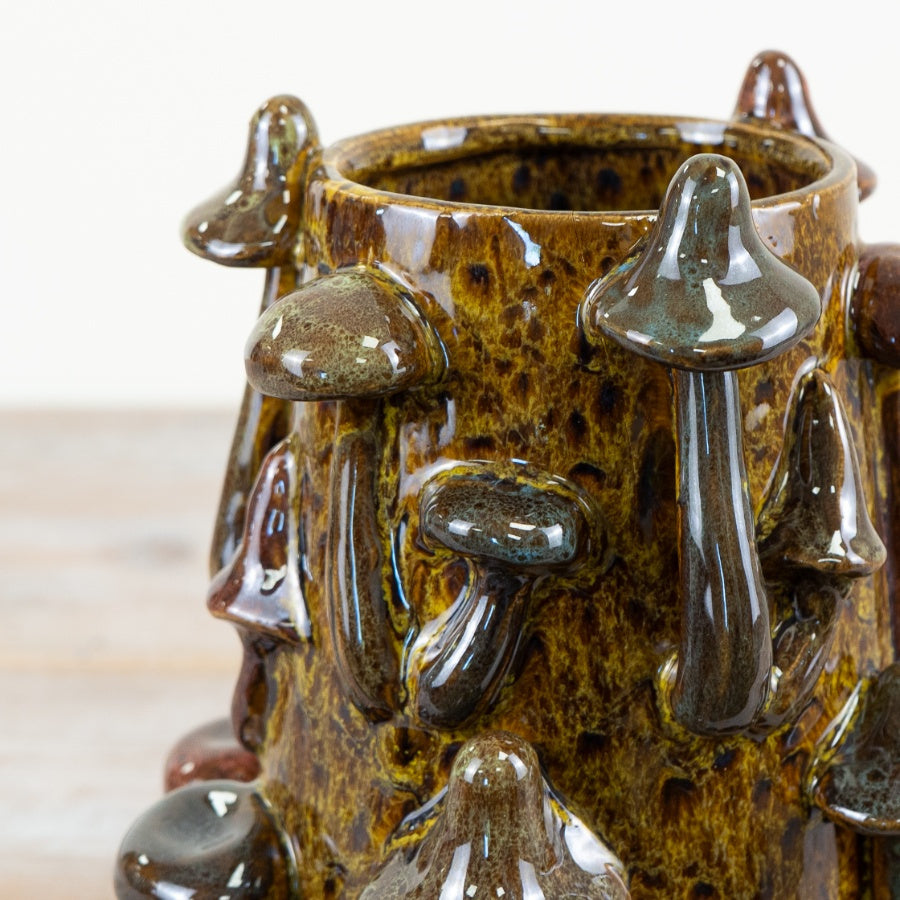 Green Mushroom Vase 22.5cm – 3D Woodland Ceramic Statement Flower Vase, Rustic Cottagecore Home Decor
