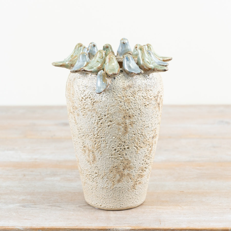 Stone Bird Vase 22cm – Rustic Glazed Ceramic Floral Vase with Bird Motif, Farmhouse Country Home Décor Accent