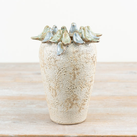 Stone Bird Vase 22cm – Rustic Glazed Ceramic Floral Vase with Bird Motif, Farmhouse Country Home Décor Accent