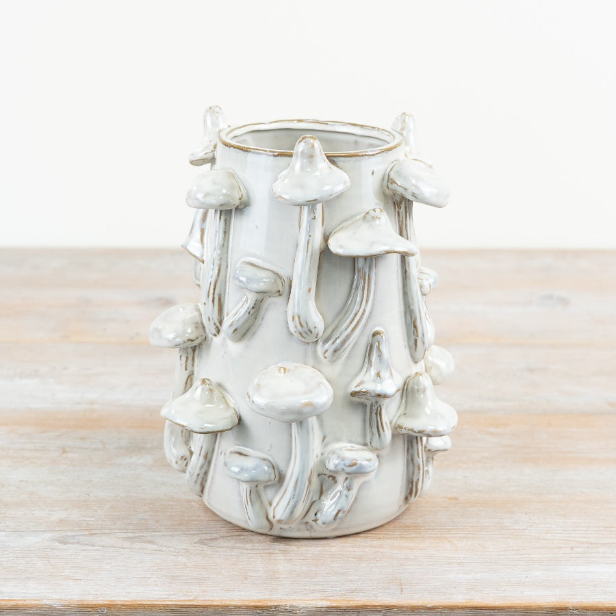 White Mushroom Vase 22.5cm – 3D Woodland Ceramic Statement Flower Vase, Rustic Cottagecore Home Decor