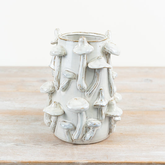 White Mushroom Vase 22.5cm – 3D Woodland Ceramic Statement Flower Vase, Rustic Cottagecore Home Decor