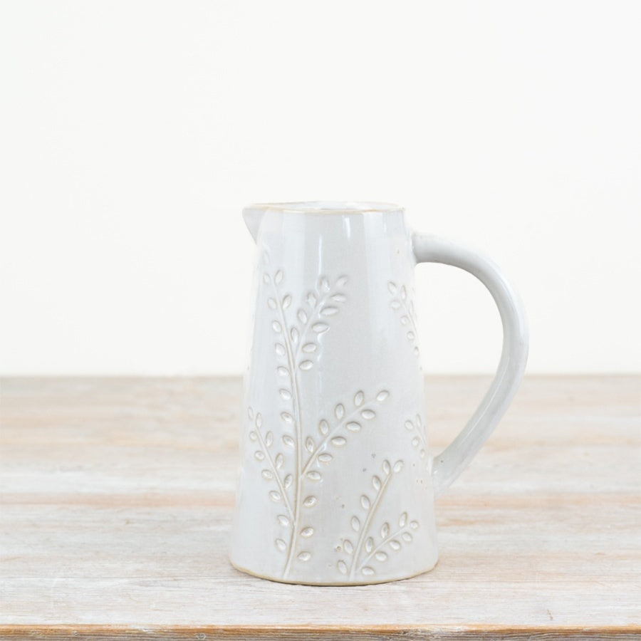 Embossed Leaf Design Jug 12.7cm – Grey Ceramic Jug with Etched Leaf Pattern, Elegant Home Décor Vase