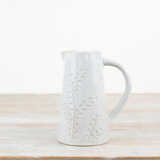 Embossed Leaf Design Jug 12.7cm – Grey Ceramic Jug with Etched Leaf Pattern, Elegant Home Décor Vase
