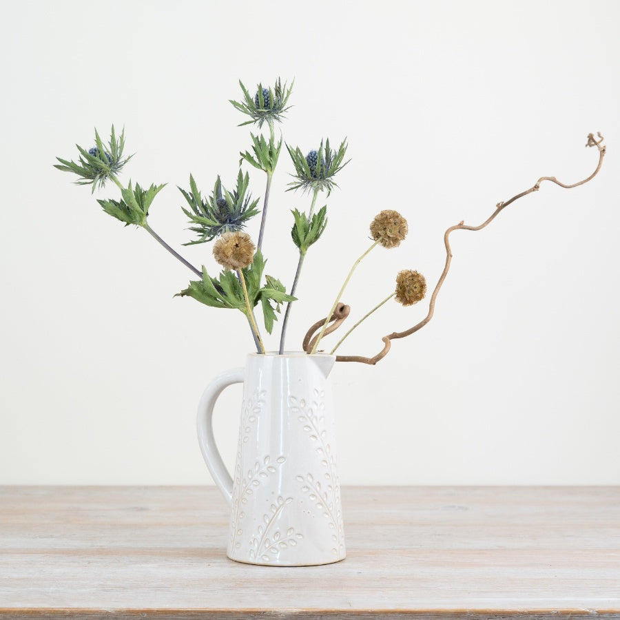 Patterned Porcelain Jug – 17cm Embossed Leaf Design, Farmhouse Home Décor