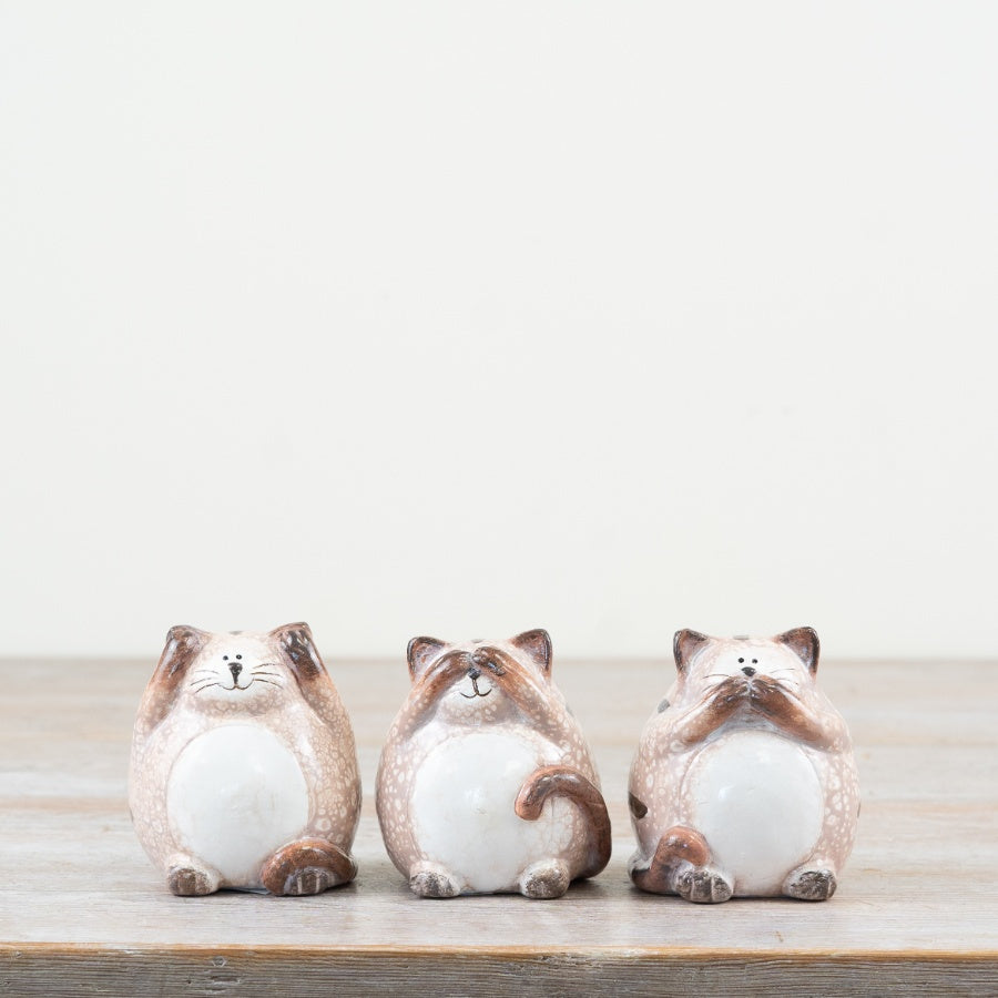Set of 3 Wise Cats 8cm – Whimsical Cat Ornaments with Cheeky Expressions