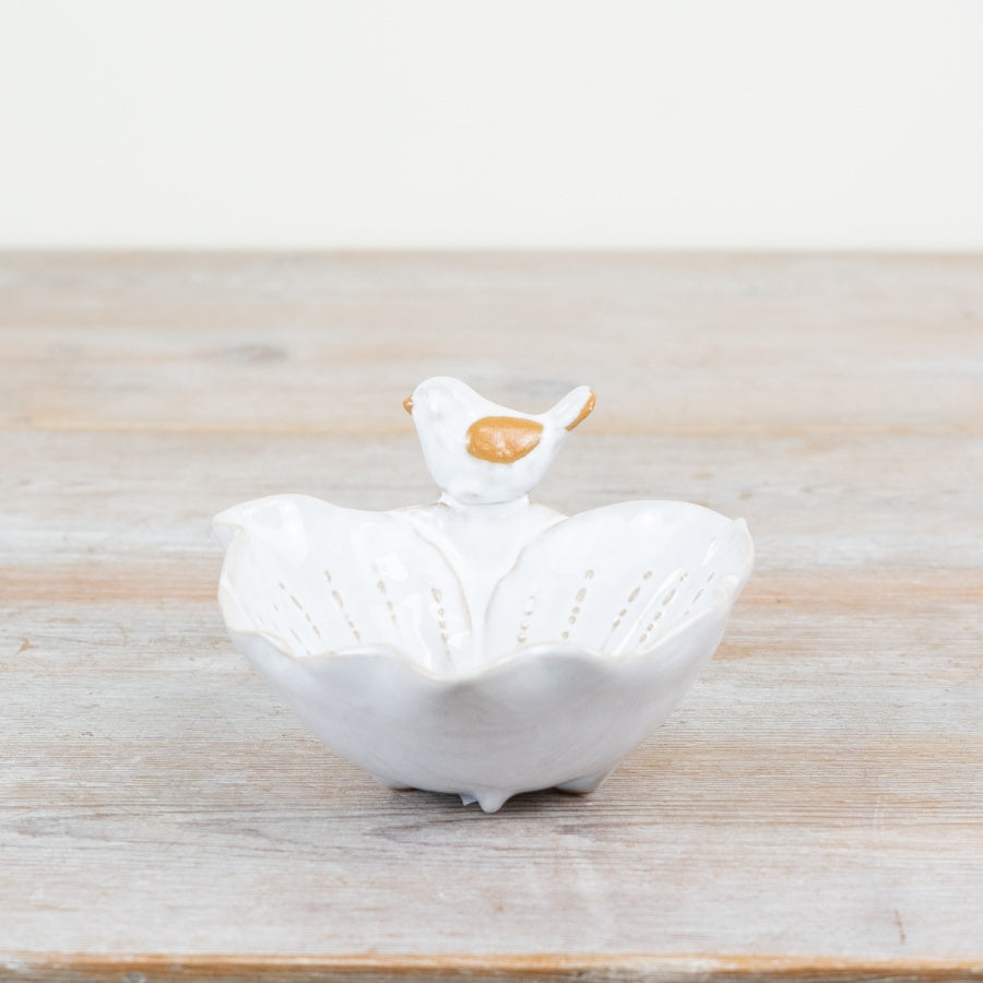 Bird & Flower Trinket Dish 15cm – Elegant White Jewellery Holder, Decorative Ceramic Bowl
