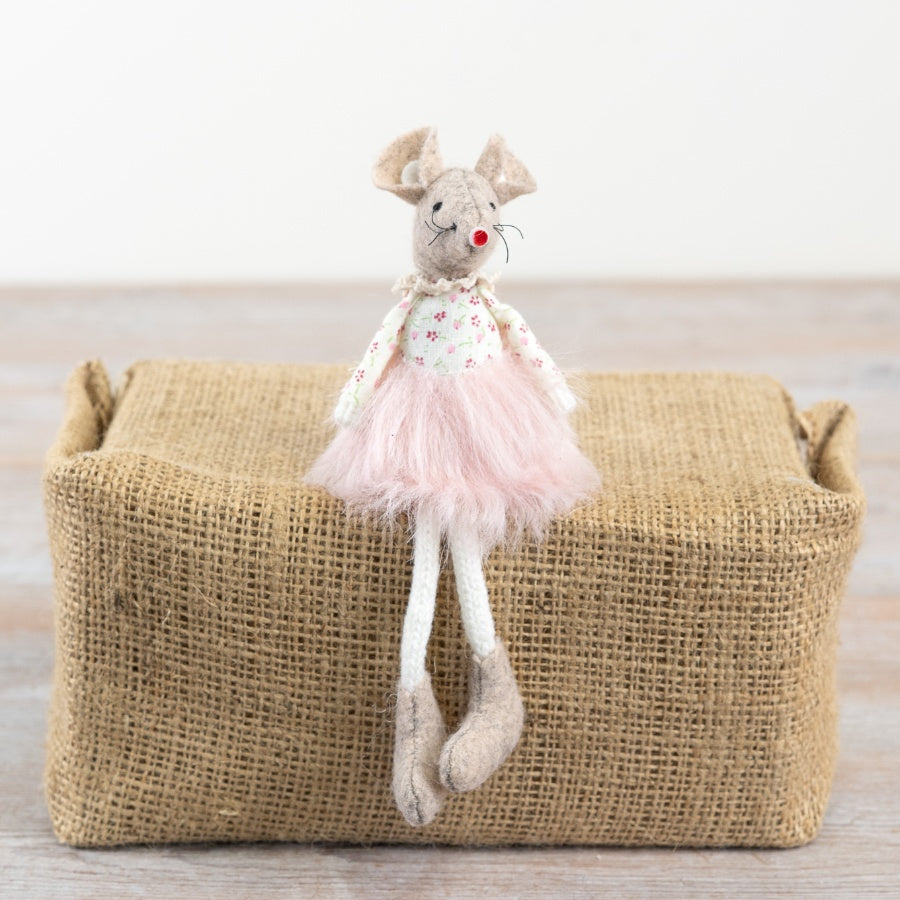 Sitting Mouse with Dangle Legs & Pink Tutu 16cm – Fabric Mouse Ornament, Cute Ballet Character Decor for Shelf Styling