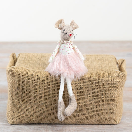 Sitting Mouse with Dangle Legs & Pink Tutu 16cm – Fabric Mouse Ornament, Cute Ballet Character Decor for Shelf Styling
