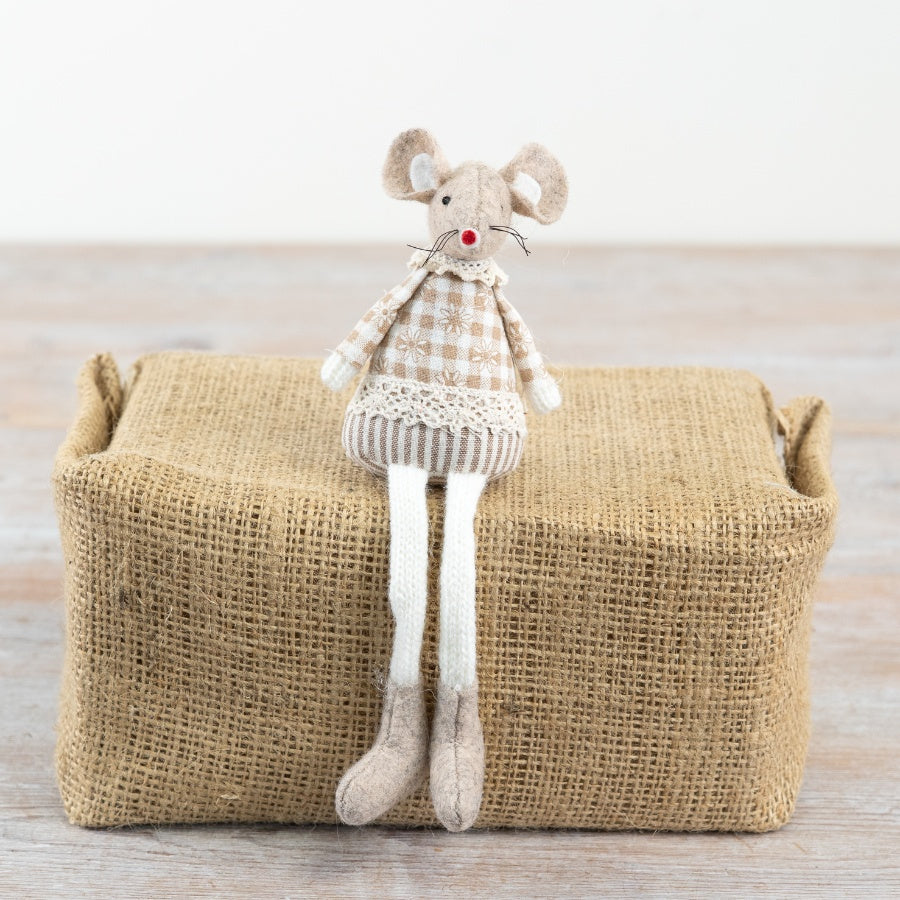 Sitting Mouse with Dangle Legs & Check Dress 17cm – Fabric Mouse Ornament, Cute Character Decor for Shelf and Home Styling