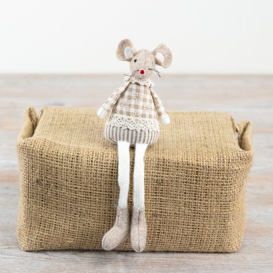 Sitting Mouse with Dangle Legs & Check Dress 17cm – Fabric Mouse Ornament, Cute Character Decor for Shelf and Home Styling