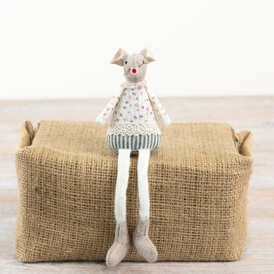 Sitting Mouse with Dangle Legs 17cm – Fabric Mouse Ornament, Cute Floral Character Decor for Home Styling