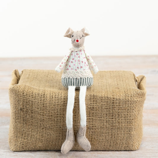 Sitting Mouse with Dangle Legs 17cm – Fabric Mouse Ornament, Cute Floral Character Decor for Home Styling