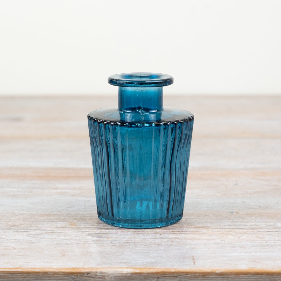 Blue Ribbed Glass Vase – 10cm Elegant Flower Holder, Decorative Small Vase for Home Décor