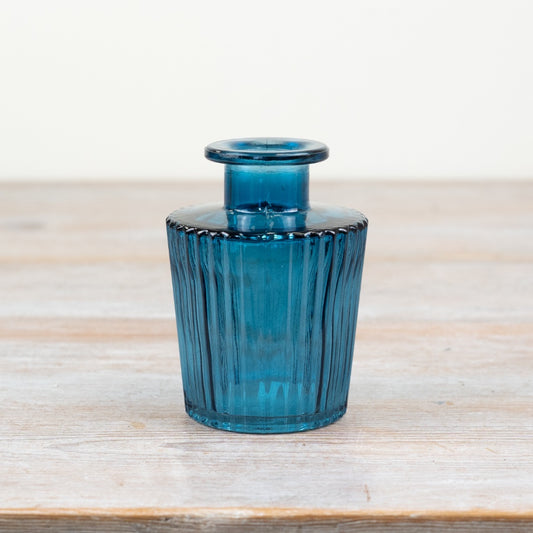 Blue Ribbed Glass Vase – 10cm Elegant Flower Holder, Decorative Small Vase for Home Décor