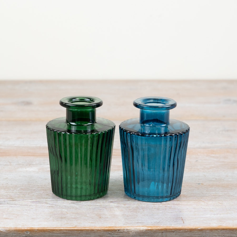 Blue Ribbed Glass Vase – 10cm Elegant Flower Holder, Decorative Small Vase for Home Décor