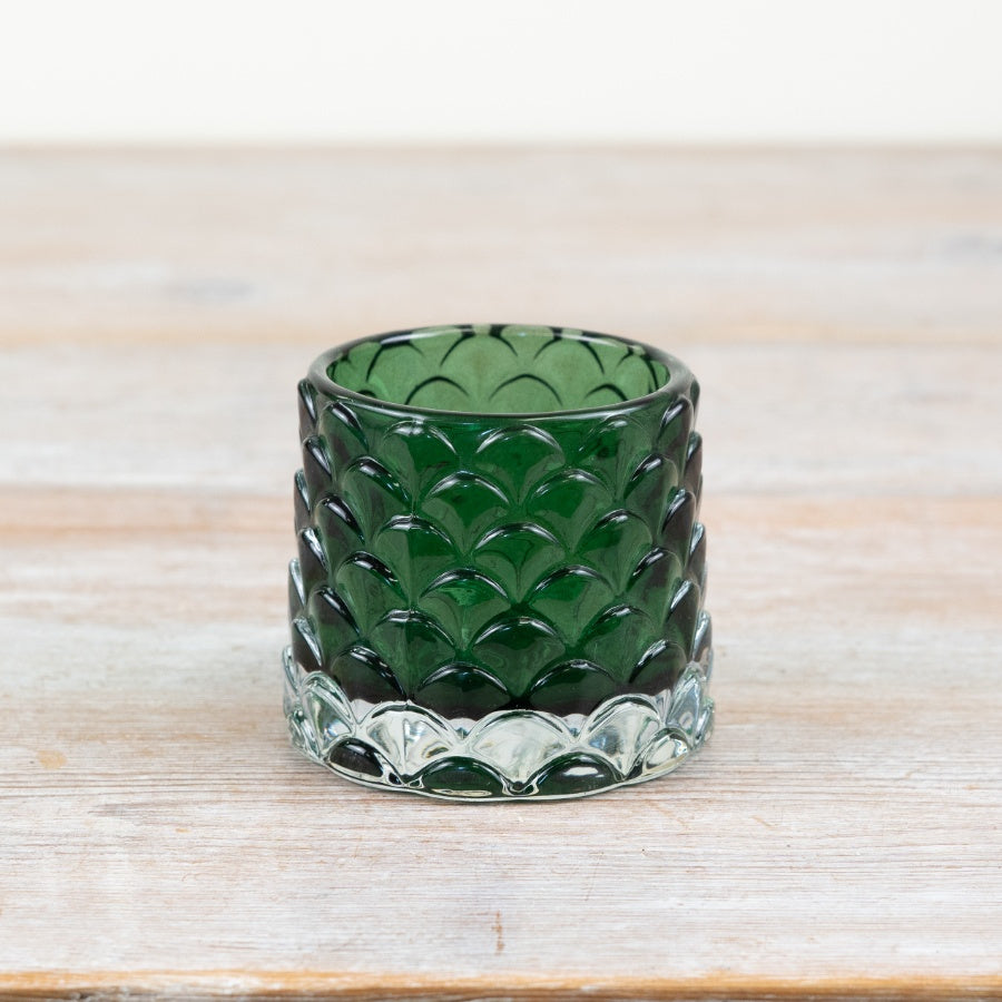 Patterned Green Glass Candle Holder – 8cm Coastal Style Tealight Holder, Decorative Home Ornament