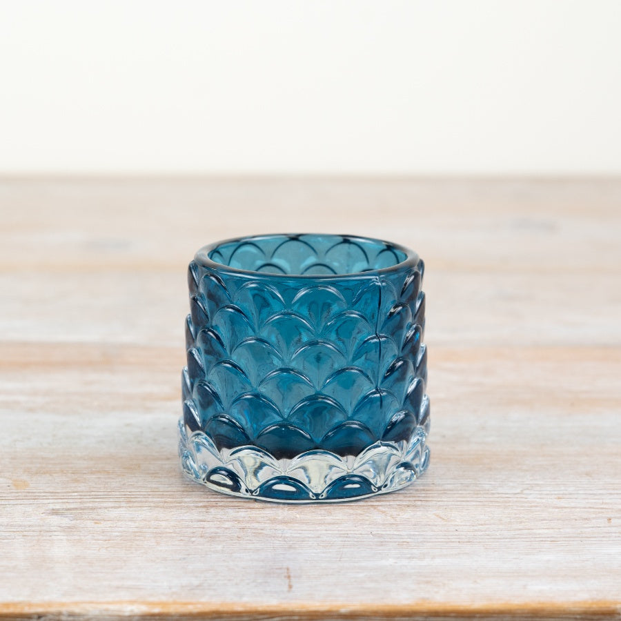 Blue Glass Candle Holder – 8cm Coastal Style Tealight Holder, Patterned Decorative Glass Ornament