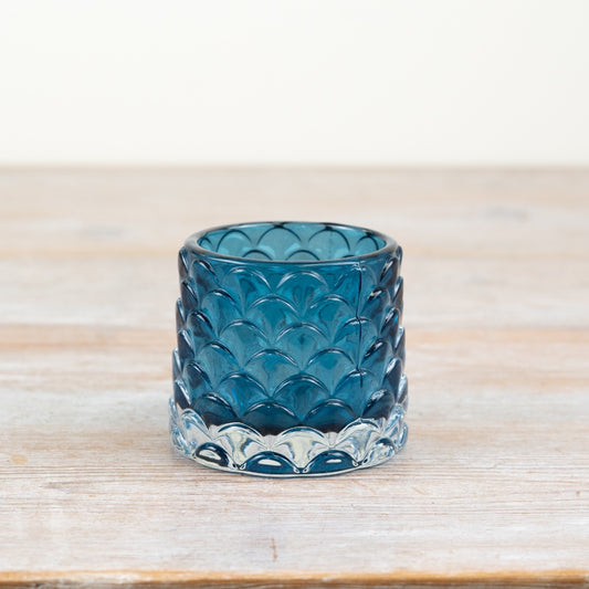 Blue Glass Candle Holder – 8cm Coastal Style Tealight Holder, Patterned Decorative Glass Ornament