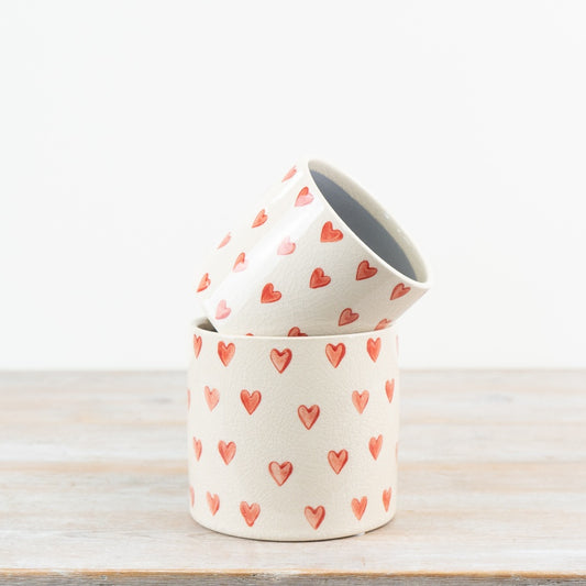 Stoneware Heart Planter 14cm – Glazed Neutral Plant Pot with Pattern, Romantic Home Decor Gift for Plants & Succulents