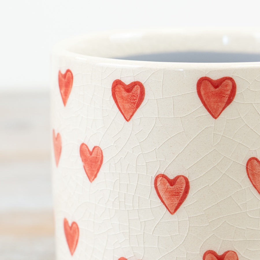 Stoneware Heart Planter 14cm – Glazed Neutral Plant Pot with Pattern, Romantic Home Decor Gift for Plants & Succulents