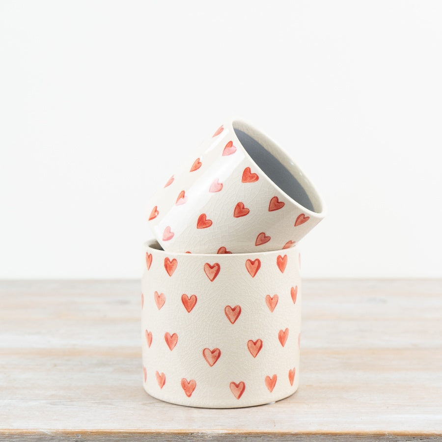 Stoneware Heart Planter 11.7cm – Glazed Neutral Plant Pot with Pattern, Romantic Home Decor Gift for Plants & Succulents
