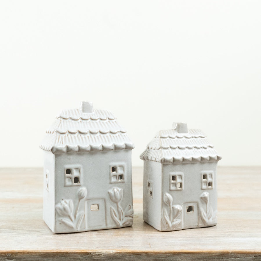 White Ceramic Tealight Candle House 17.5cm – Decorative Flower Detail Holder, Elegant Home Lighting Accent