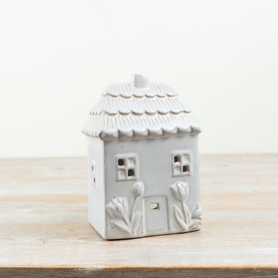 White Ceramic Tealight Candle House 17.5cm – Decorative Flower Detail Holder, Elegant Home Lighting Accent