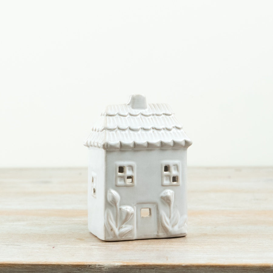 House Tealight Candle Holder 14.5cm – White Ceramic Tulip Decorative Ornament