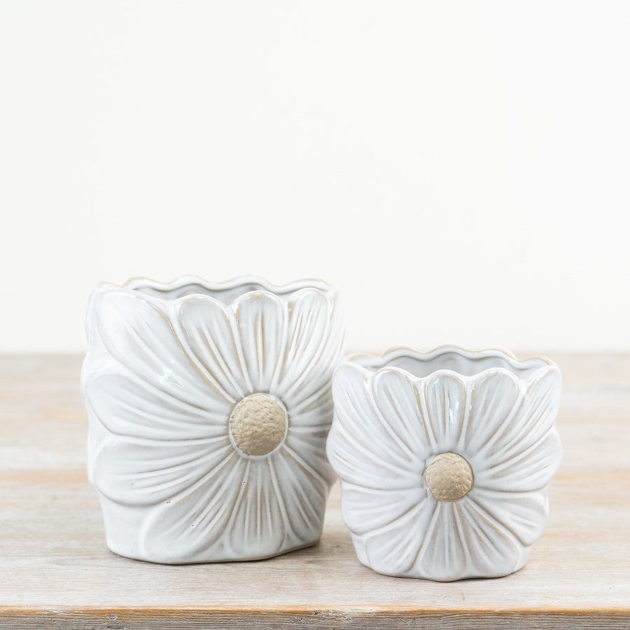 Daisy White Ceramic Vase 13cm – Decorative Flower Vase with Raw and Glazed Detailing