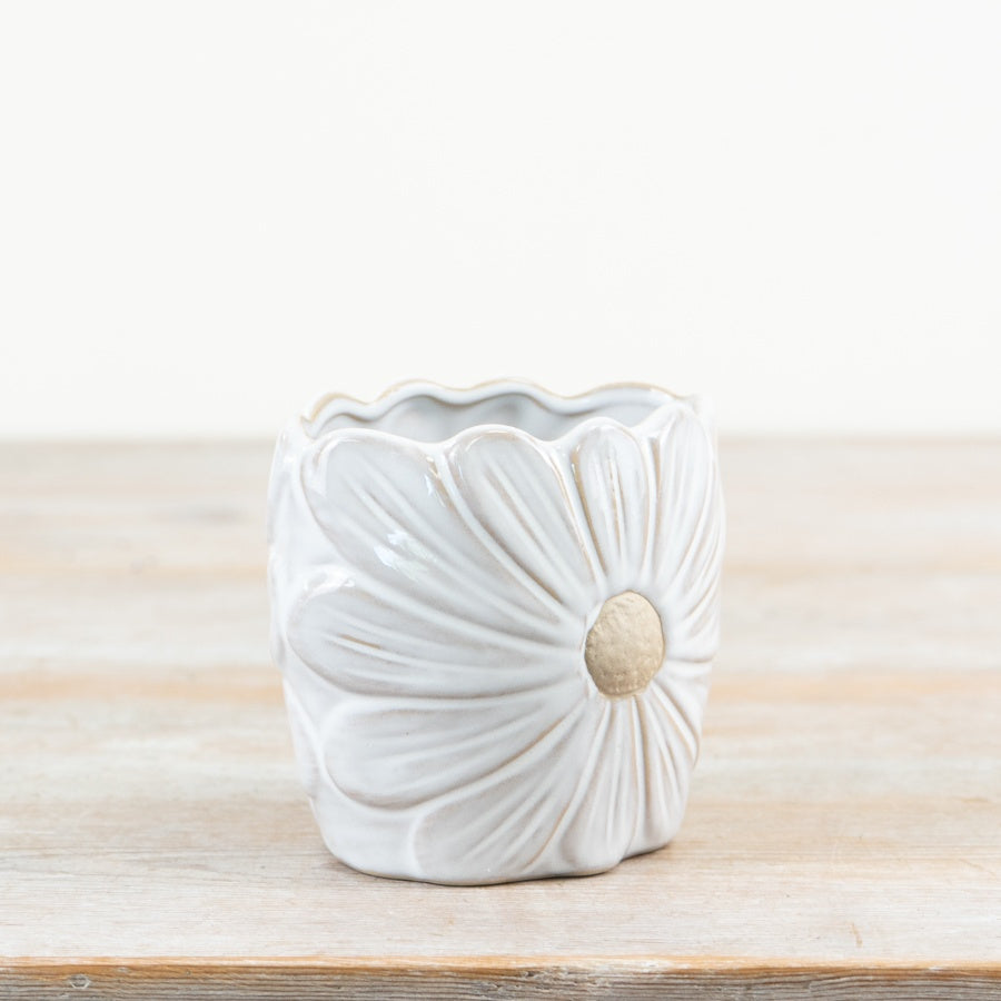 Daisy White Ceramic Vase 10cm – Decorative Planter, Flower Pot with Rich Glazed Finish