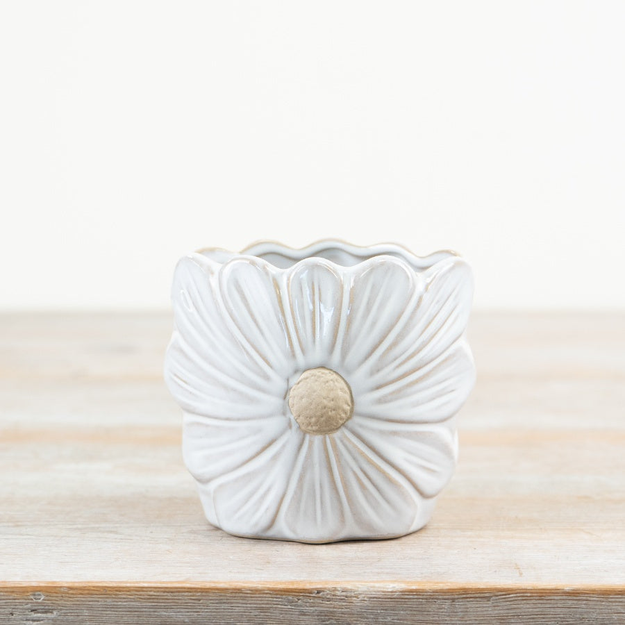 Daisy White Ceramic Vase 10cm – Decorative Planter, Flower Pot with Rich Glazed Finish